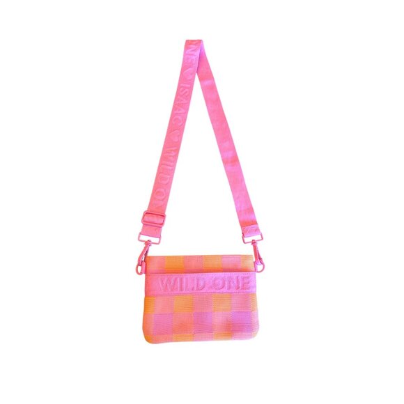 Personalized Orange & Pink Checkered Crossbody Bag With Adjustable Strap & "Isaa - Picture 1 of 5